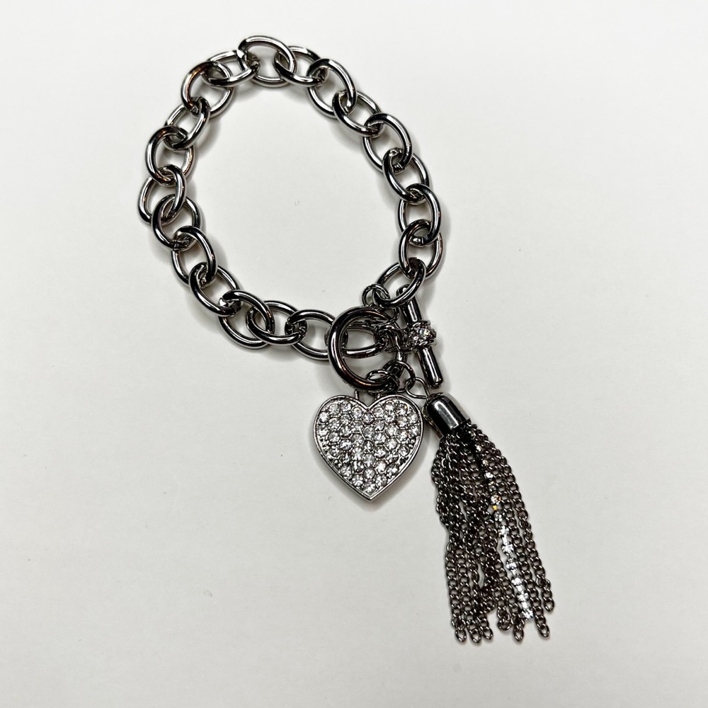 Silver Tone Crystal Heart Chain Toggle Bracelet